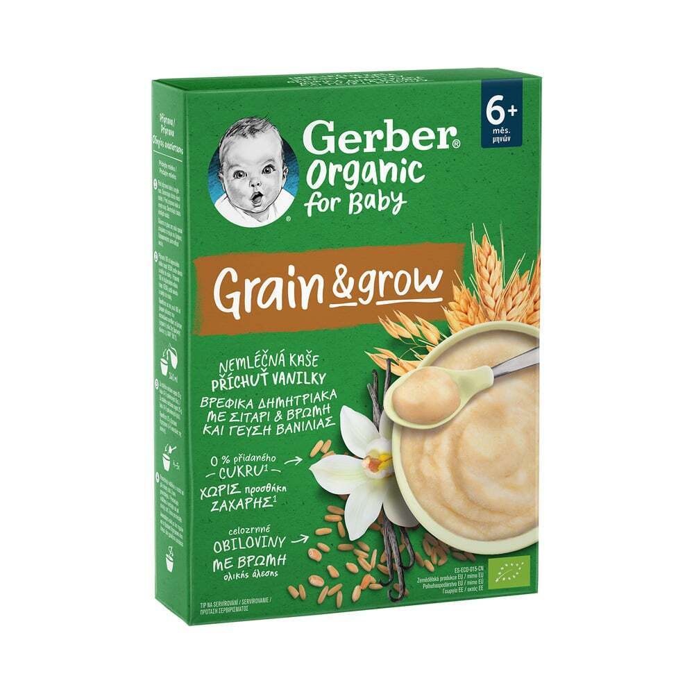 Gerber | Organic For Baby Grain & Grow 6m+ | Βρεφικά Δημητριακά με Σιτάρι και Βρώμη και Γεύση Βανίλια | Χωρίς Ζάχαρη | 200gr