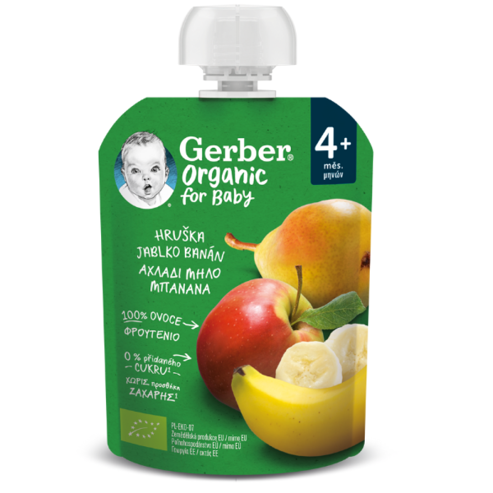 Gerber | Organic For Baby 4m+ | Βρεφικός Φρουτοπουρές Με Αχλάδι, Μήλο & Μπανάνα | 90gr