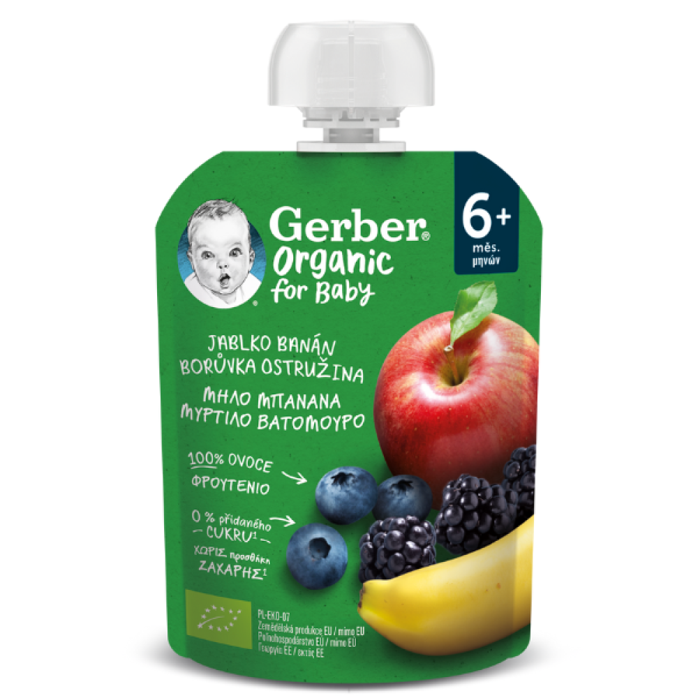 Gerber | Organic For Baby 6m+ | Βρεφικός Φρουτοπουρές με Μήλο, Μπανάνα, Μύρτιλο και Βατόμουρο | 90gr